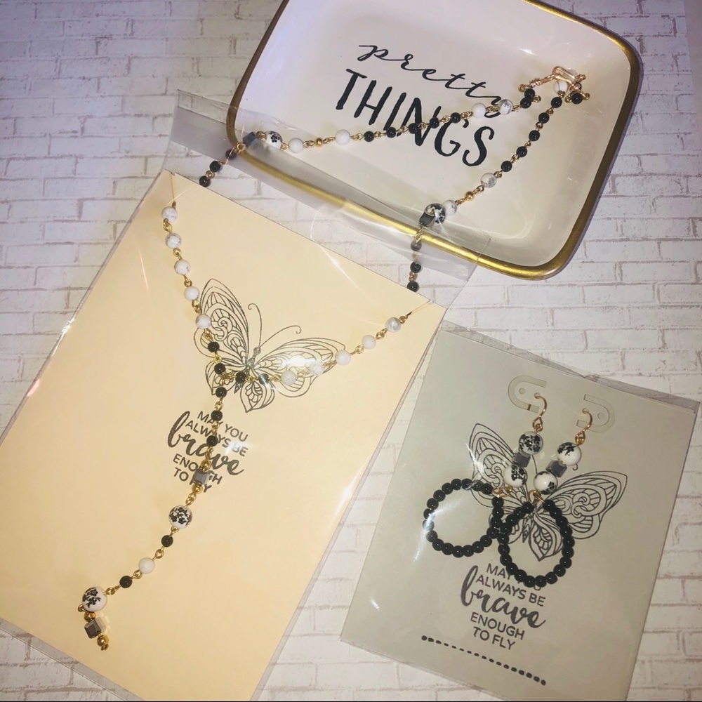 Ceramic and black jade rosary style necklace